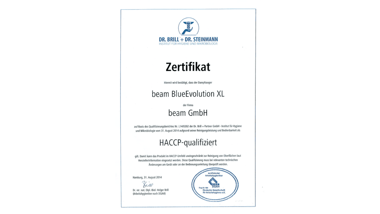 HACCP-certificate regarding BlueEvolution XL+