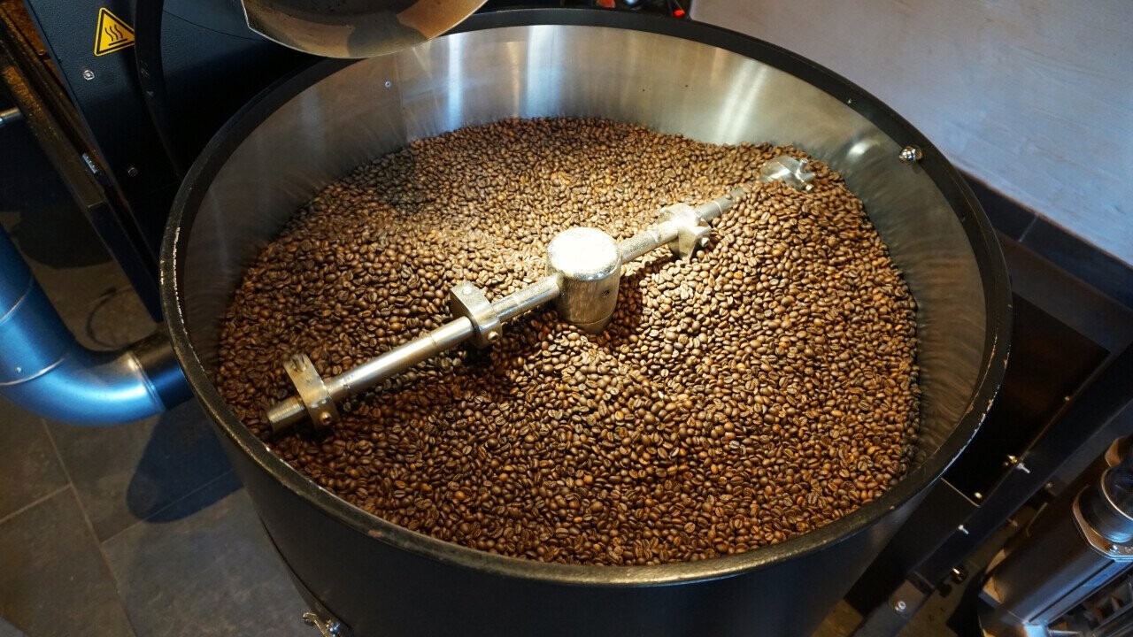 Freshly roasted coffee in the cooling strainer