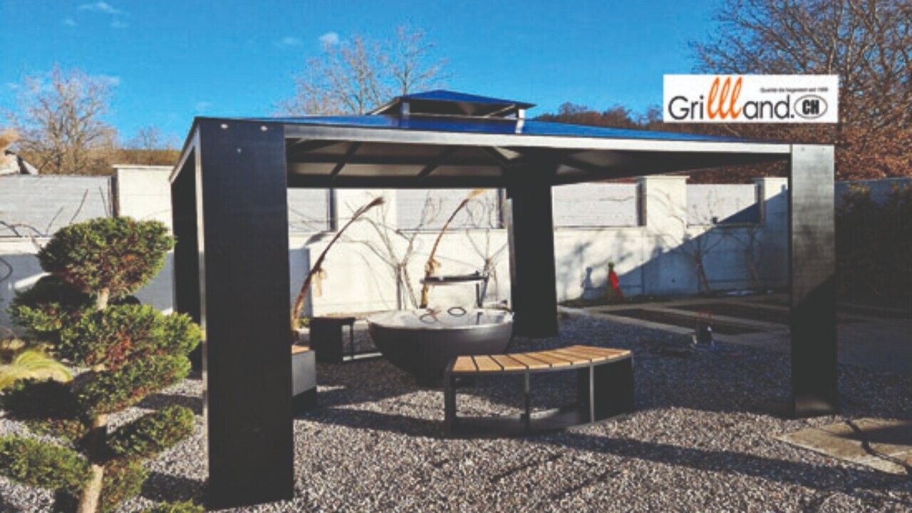 Steel barbecue pavilion in black 3 x 3 metres