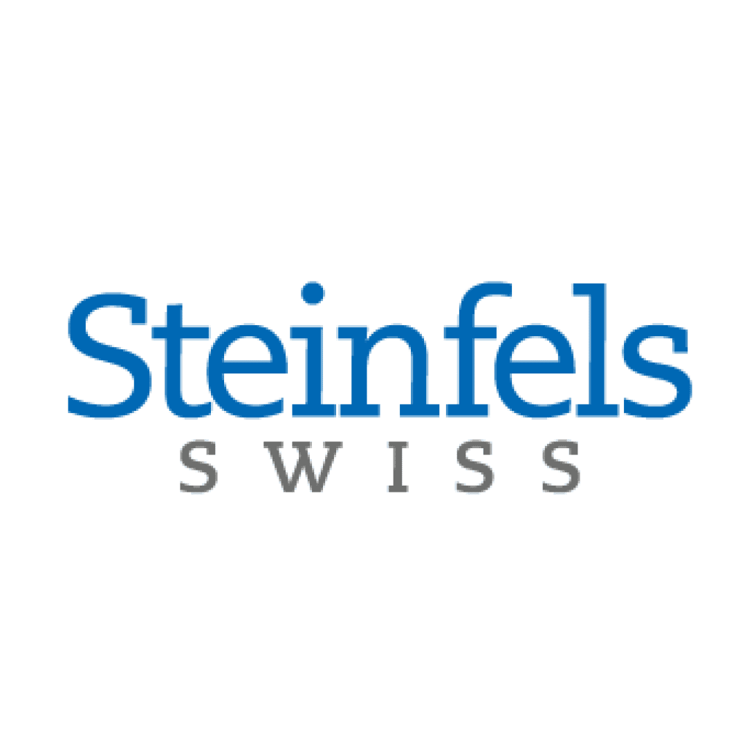 Steinfels Schweizer Logo mit Steinfels in fetten blauen Buchstaben und SWISS in grauen Großbuchstaben darunter auf weißem Hintergrund.