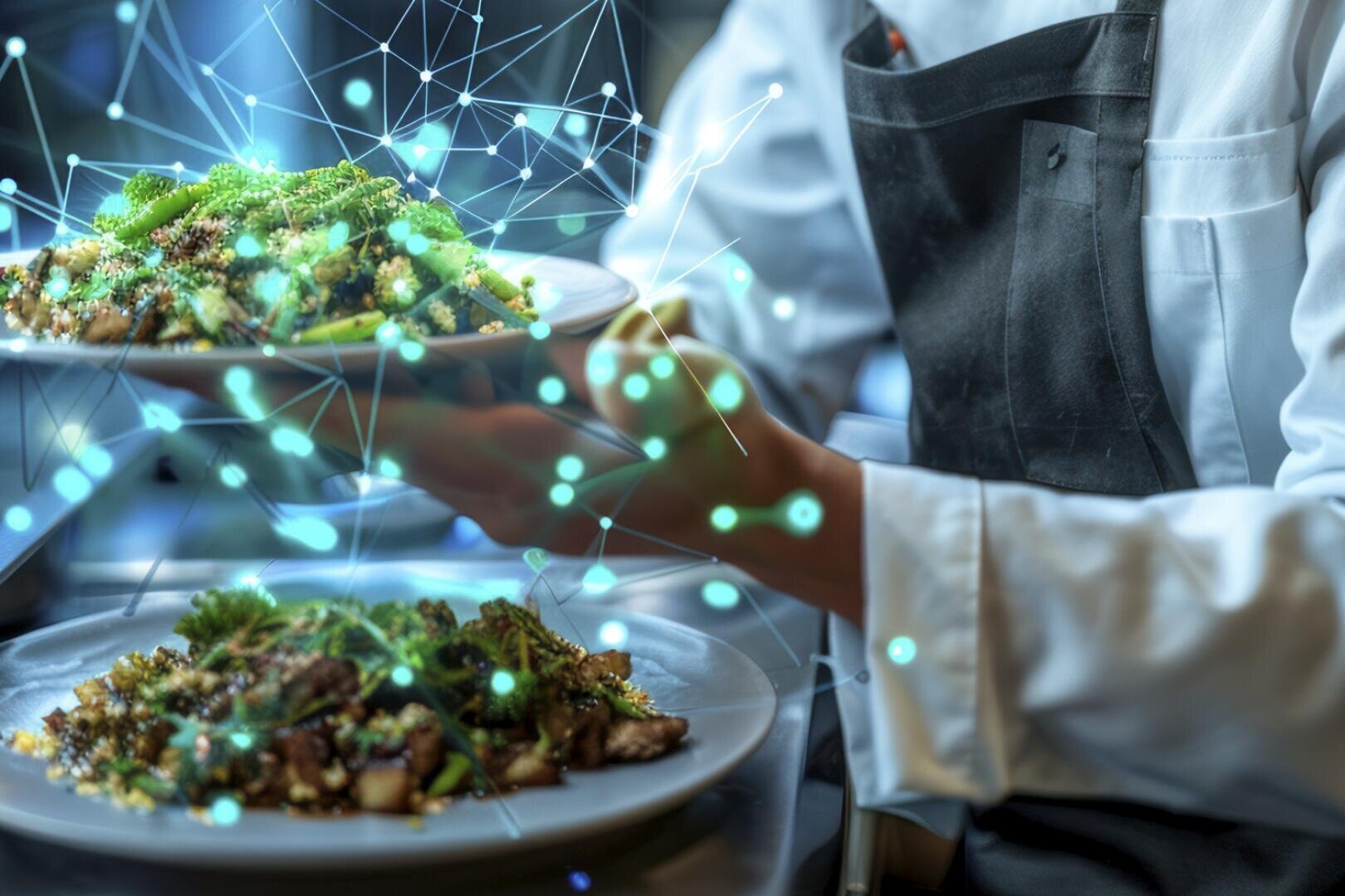 Ein Koch in weißer Uniform und dunkler Schürze serviert einen Teller mit Speisen, wobei digitale blaue Netzwerklinien und -knoten eingeblendet sind, die auf die Integration von Technologie oder künstlicher Intelligenz beim Kochen hindeuten.