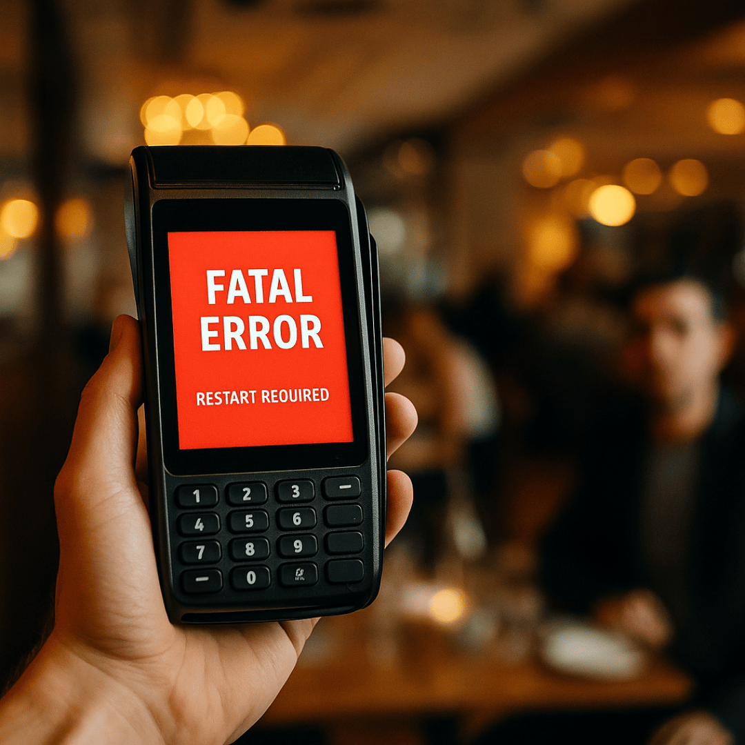Une main tient un terminal de paiement par carte qui affiche un écran rouge vif avec le message "FATAL ERROR RESTART REQUIRED" dans un restaurant animé avec des personnes floues en arrière-plan.