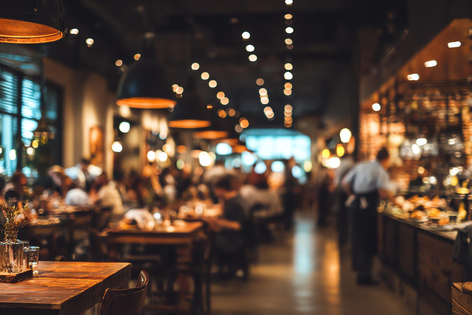 Ein warm beleuchtetes, geschäftiges Restaurantinterieur mit Holztischen, Gästen, die überall sitzen, und Personal, das sich bewegt. Die Szene wirkt lebendig und einladend, mit verschwommenen Details, die eine gemütliche, geschäftige Atmosphäre schaffen.