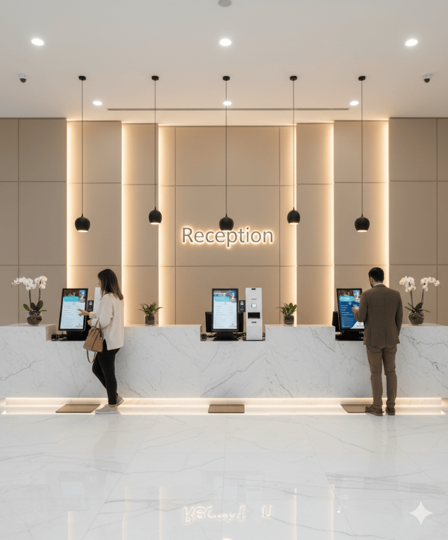 Zwei Personen bedienen Touchscreen-Kioske an einem modernen Empfangstresen mit weißen Marmortheken, dekorativen Orchideen und Pendelleuchten. An der Wand hinter ihnen steht in Leuchtbuchstaben das Wort "Rezeption".