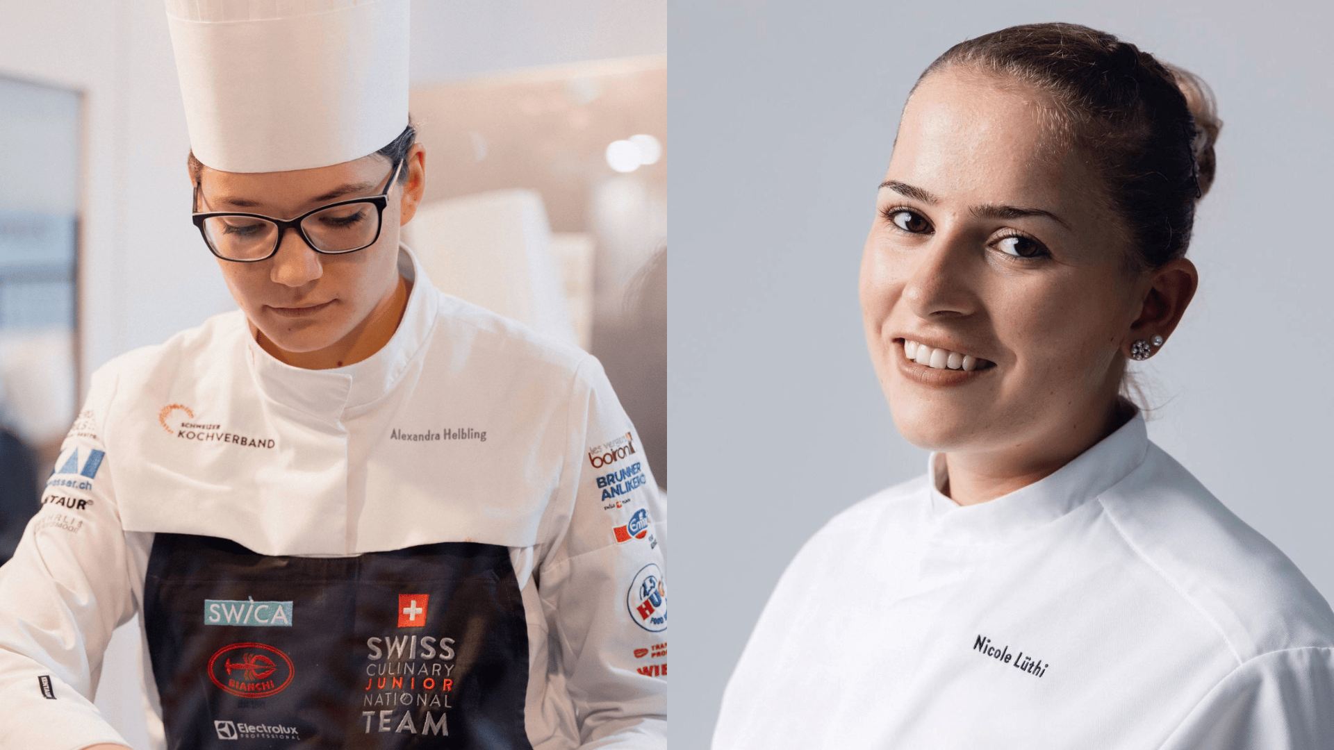 Deux cuisinières en uniforme blanc côte à côte ; la cuisinière de gauche est concentrée, porte des lunettes et un chapeau haut, tandis que la cuisinière de droite sourit à la caméra, les cheveux attachés.