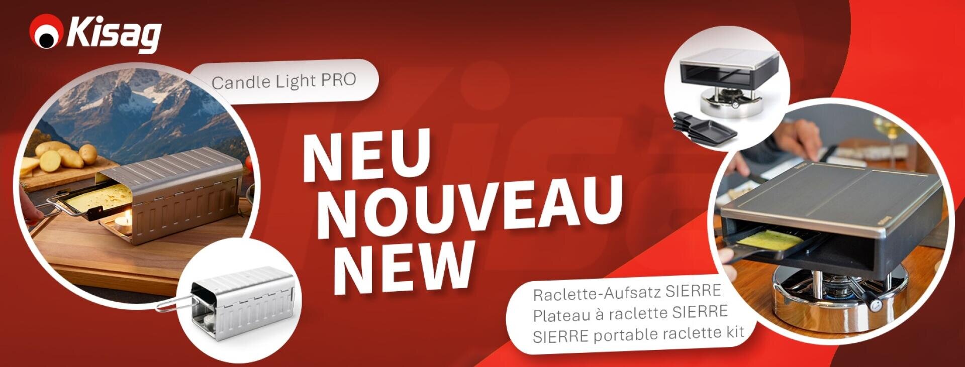 Werbebanner für Kisag, das einen Raclette-Tischgrill beim Schmelzen von Käse zeigt, mit dem Text NEU NOUVEAU NEW und den Produktnamen Candle Light PRO und SIERRE tragbares Raclette-Set auf rotem Hintergrund.