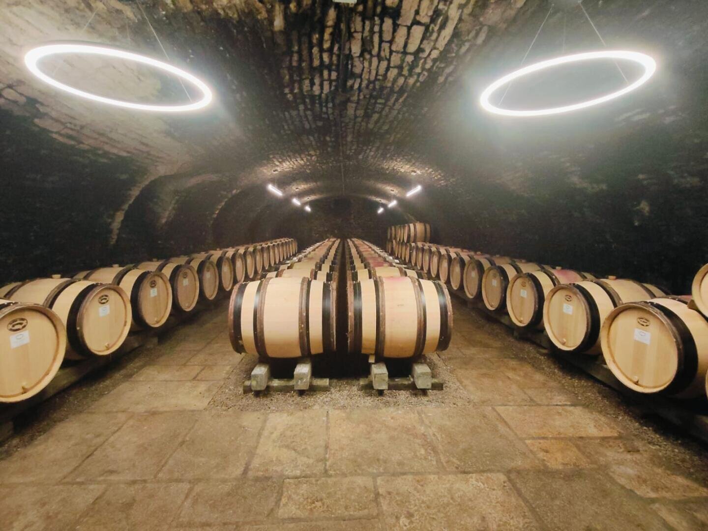 Des rangées de fûts de bois bordent le sol en pierre d'une cave à vin faiblement éclairée, avec des plafonds en briques voûtés et des lampes rondes suspendues qui éclairent la pièce.