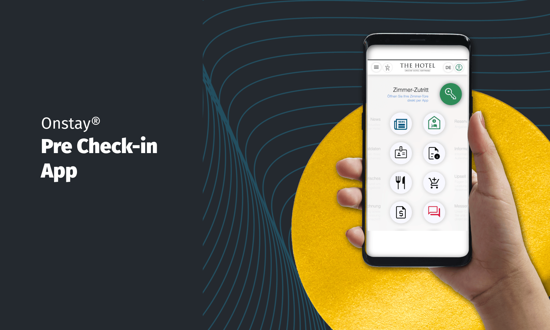 Une main tient un smartphone sur lequel s'affiche une application d'hôtel avec des icônes, devant un cercle jaune et un fond sombre à motifs. Le texte sur la gauche indique "Onstay Pre Check-in App".