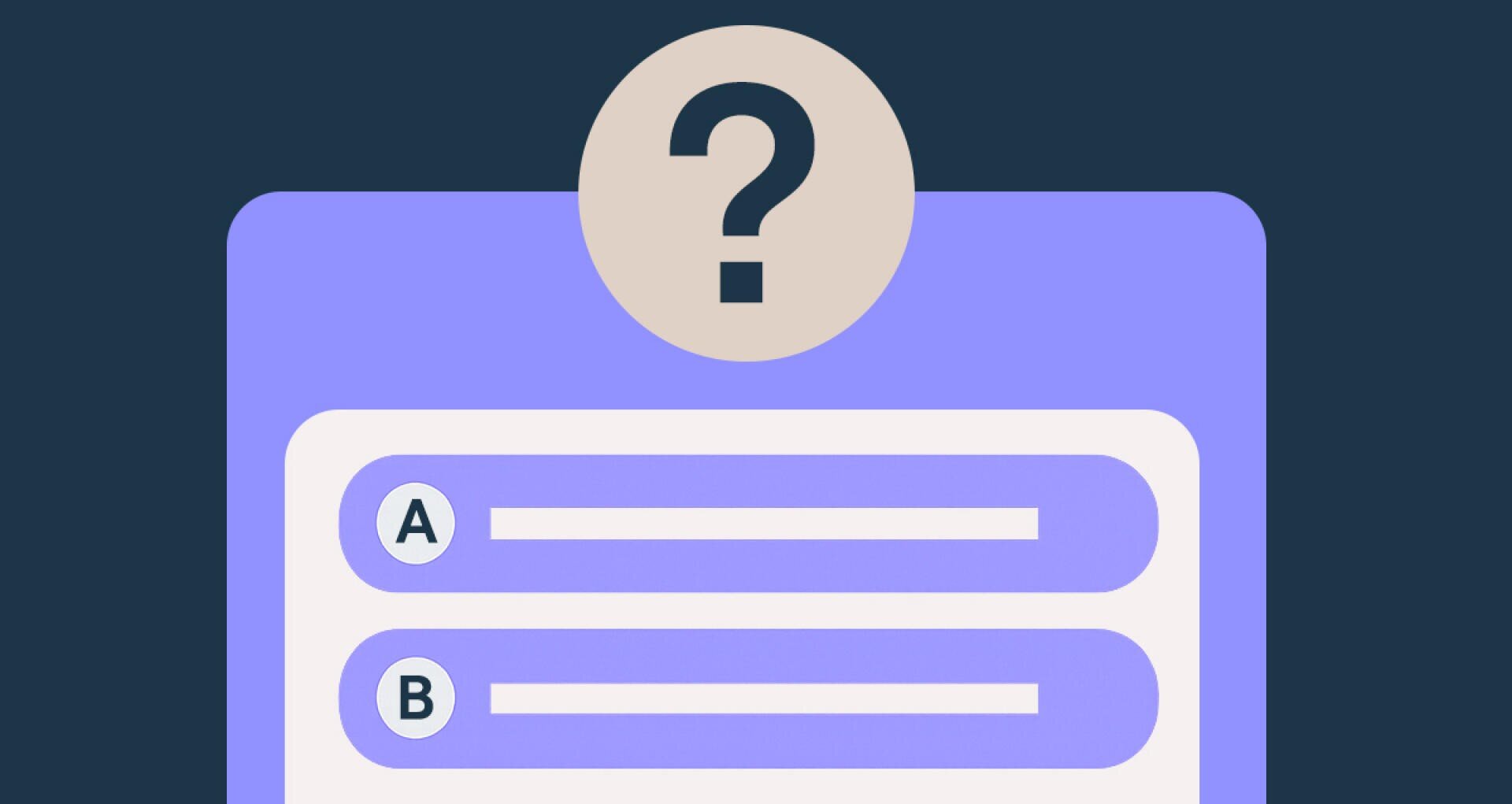 Une illustration d'un formulaire de quiz ou d'enquête avec deux réponses possibles, étiquetées A et B, sous un grand symbole de point d'interrogation, sur un fond bleu et violet.