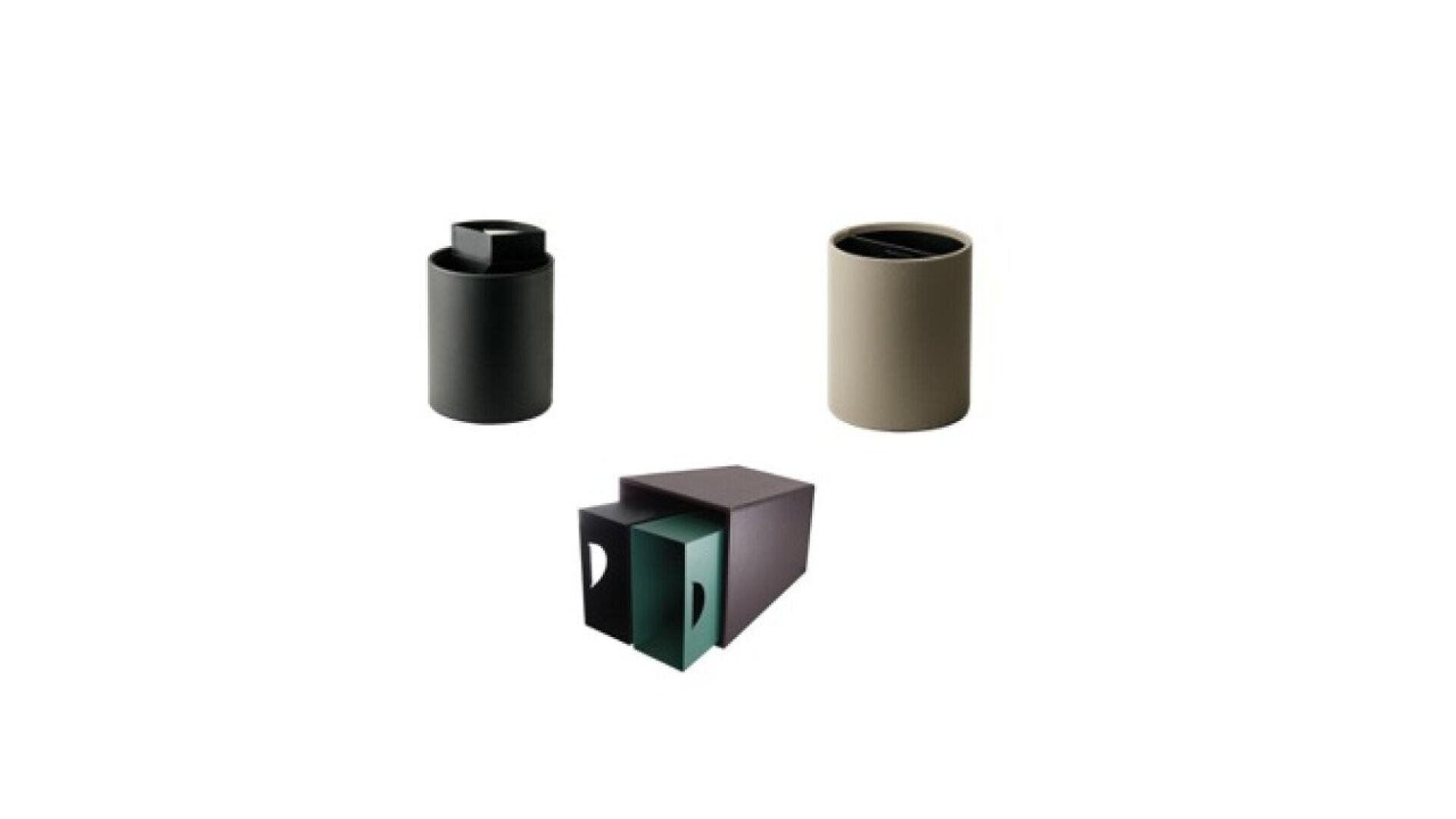 Deux conteneurs cylindriques, l'un noir et l'autre beige, et une boîte rectangulaire noire avec un intérieur vert et une poignée découpée sont représentés sur un fond blanc.