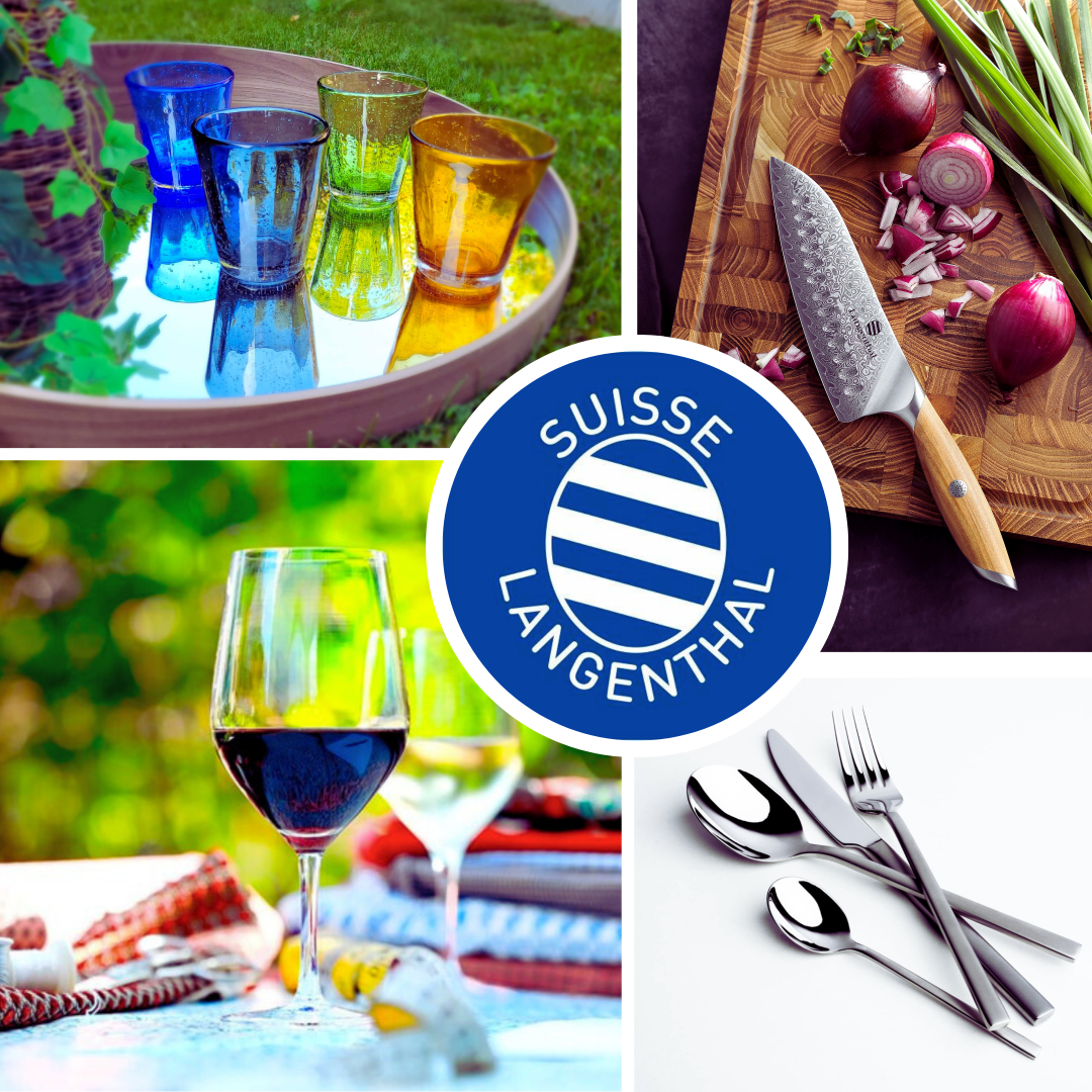 Un collage montre des verres colorés sur un plateau, un couteau de chef avec des légumes tranchés, des verres à vin sur une couverture de pique-nique, des couverts brillants et au centre le logo bleu de Suisse Langenthal.