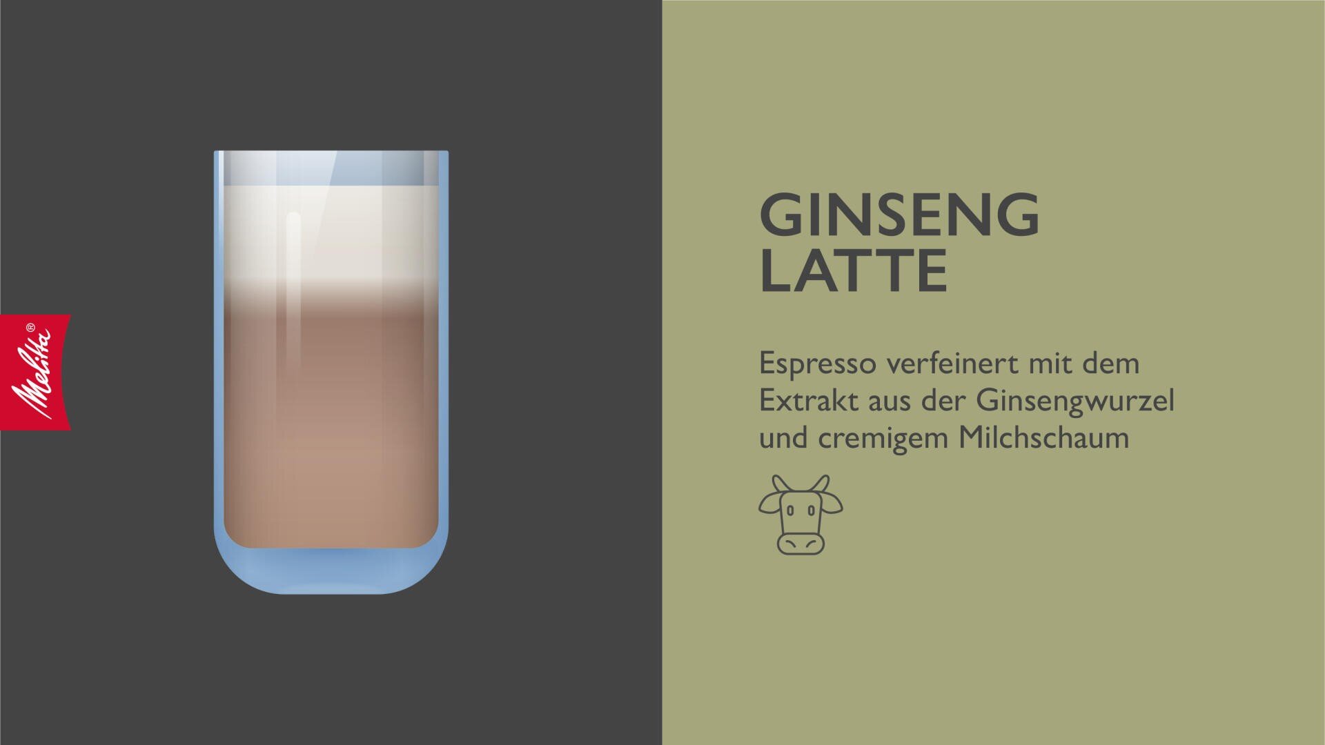 Auf der linken Seite ist ein Glas Ginseng Latte mit geschichtetem Espresso und Milchschaum abgebildet. Auf der rechten Seite steht der deutsche Text: Ginseng Latte: Espresso verfeinert mit dem Extrakt aus der Ginsengwurzel und cremigem Milchschaum.