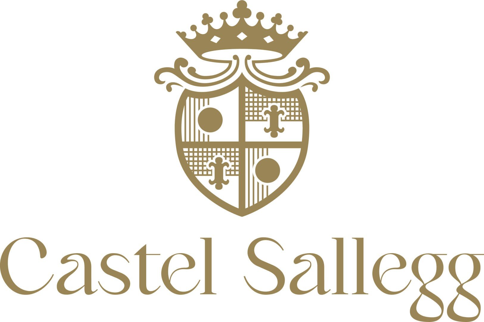 Goldenes Wappen mit einer Krone über einem Schild, der in vier Abschnitte unterteilt ist, wobei jeder Abschnitt ein Kreuz oder einen Kreis enthält. Unterhalb des Wappens steht Castel Sallegg in eleganter, goldener Serifenschrift auf weißem Hintergrund.