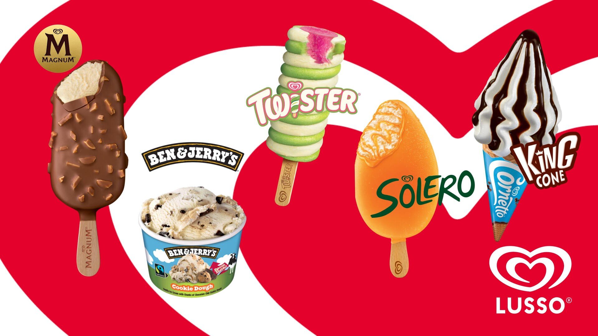 Cinq parfums de glace populaires - Magnum Almond, Ben & Jerrys Cookie Dough, Twister, Solero et King Cone - sont représentés sur un fond rouge et blanc vif avec le logo Lusso dans le coin.