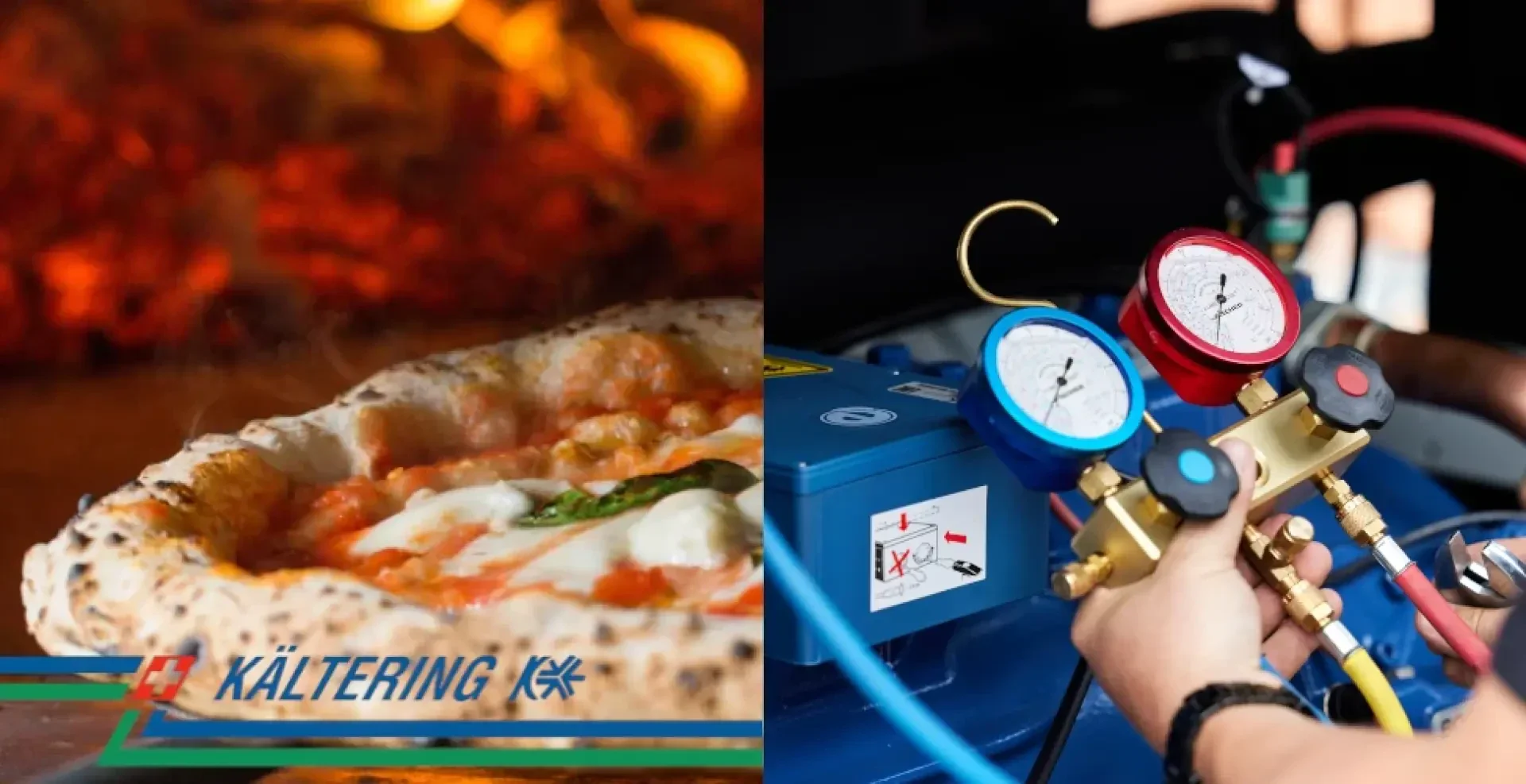 Nahaufnahme einer Pizza, die in einem holzbefeuerten Ofen gebacken wird (links); rechts justieren Hände die Kühlungsanzeigen an einem blauen Gerät. Das Wort KÄLTETERING ist unten links zu sehen.