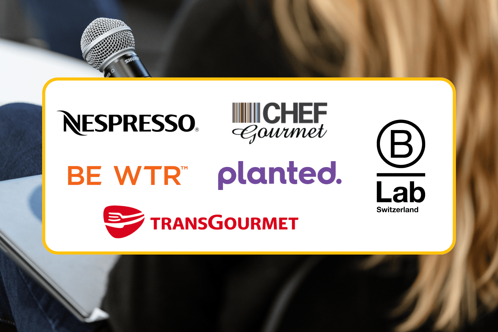 En arrière-plan, une personne tient un microphone et une pince à épiler. Au premier plan, les logos de Nespresso, CHEF Gourmet, B Lab Switzerland, BE WTR, planted. et TransGourmet sont visibles dans un encadré.