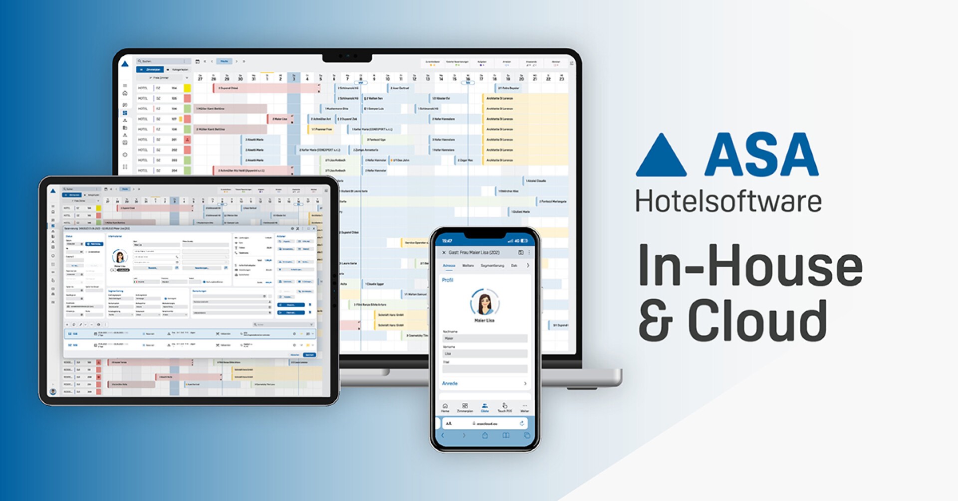 Auf Tablet, Laptop und Smartphone werden die Oberflächen der Hotelmanagement-Software angezeigt. Auf dem Bildschirm sind Buchungskalender und Gästedaten zu sehen. Rechts sind das Logo der ASA Hotelsoftware und der Schriftzug „In-House & Cloud“ zu sehen.