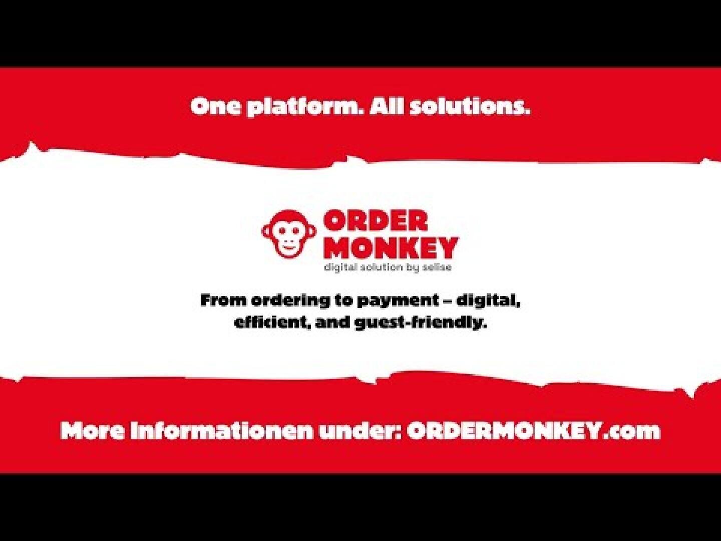Graphisme rouge et blanc avec un logo de singe et du texte : Une plate-forme. Toutes les solutions. ORDER MONKEY solution numérique de sell4e. De la commande au paiement - numérique, efficace et accueillant. Plus d'infos sur ORDERMONKEY.com.