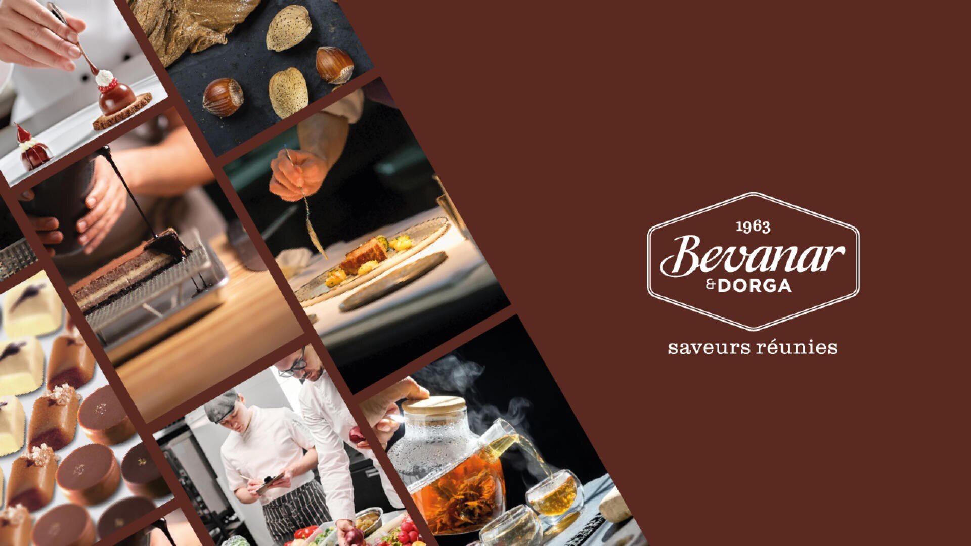 Un collage avec des cuisiniers préparant des plats et des desserts gourmands, avec du thé et des pralines, à côté du logo de Bevanar & Dorga avec le texte 1963 saveurs réunies sur fond marron.