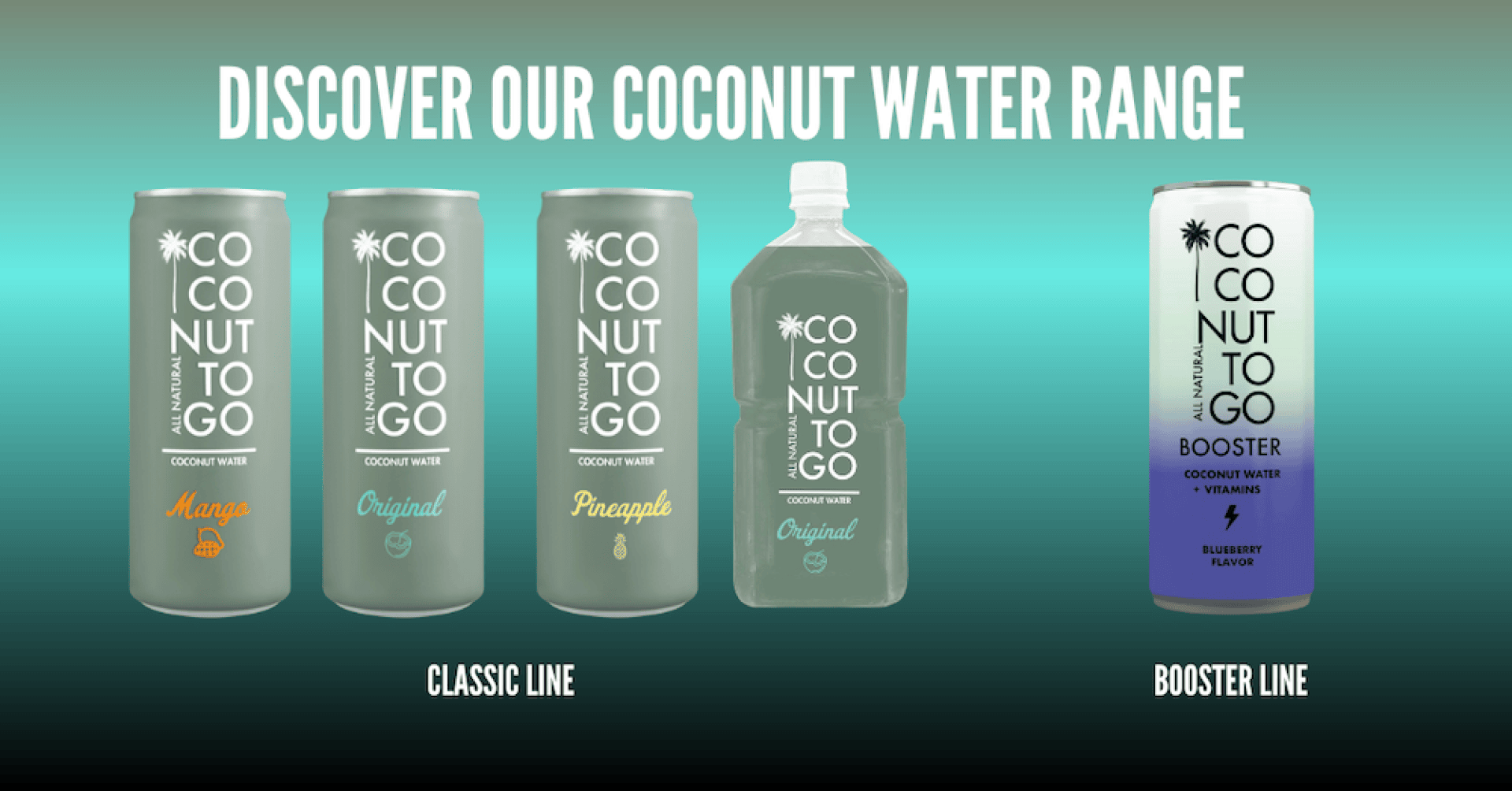 Fünf Getränke auf Kokoswasserbasis sind abgebildet: drei klassische Dosen (Mango, Original, Ananas), eine Plastikflasche (Original) und eine große Dose (Booster, Heidelbeergeschmack) auf einem Hintergrund mit Farbverlauf in Teal. Der Text lautet: "Entdecken Sie unser Kokoswassersortiment".