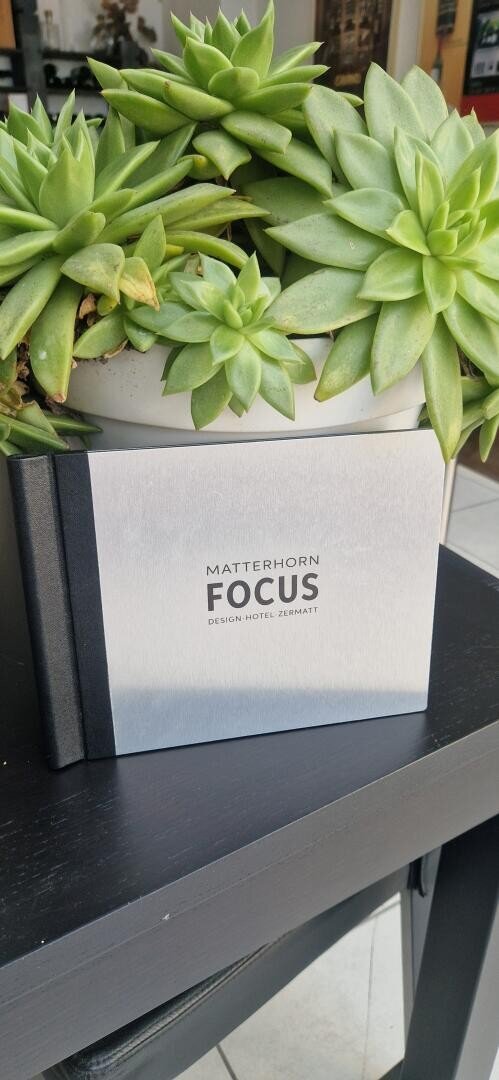 Ein hellgraues Buch mit der Aufschrift Matterhorn Focus Design Hotel Zermatt lehnt an einem weißen Topf mit grünen Sukkulenten, die alle auf einem dunklen Tisch im Haus stehen.