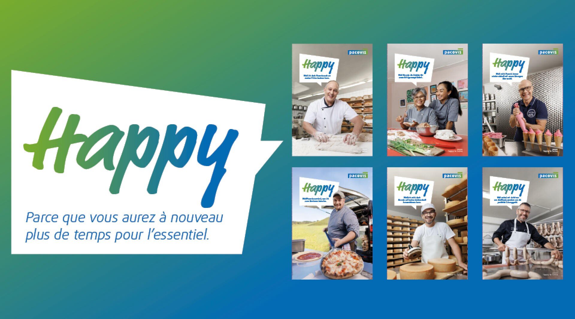 Un fond bleu-vert dégradé affiche six photos de professionnels souriants au travail, avec une bulle disant Happy et un texte en français : Parce que vous aurez à nouveau plus de temps pour lessentiel.