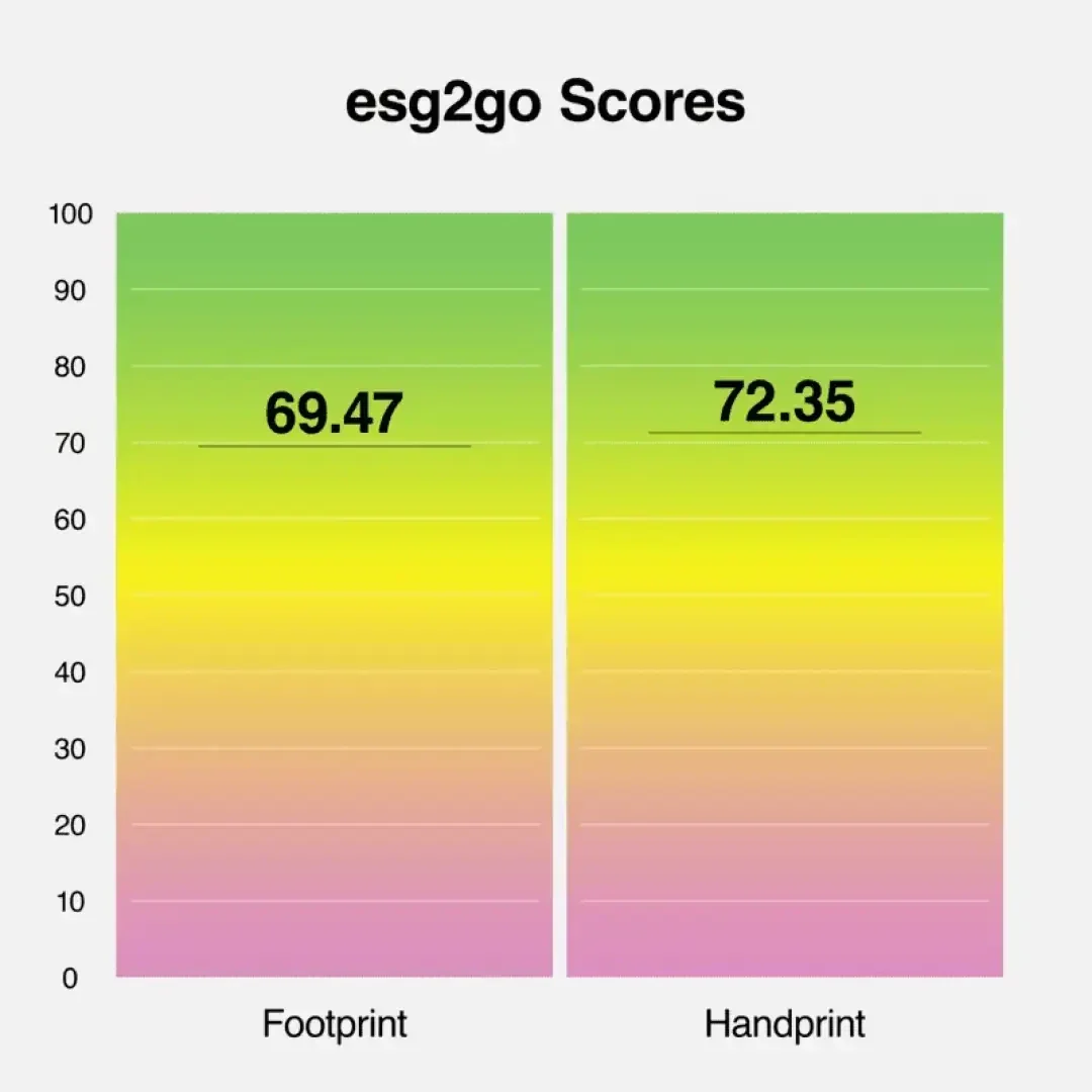 Das Balkendiagramm mit dem Titel esg2go Scores zeigt zwei vertikale Balken: Fußabdruck mit einer Punktzahl von 69,47 und Handabdruck mit einer Punktzahl von 72,35. Der Hintergrundverlauf geht von grün oben nach rosa unten über.