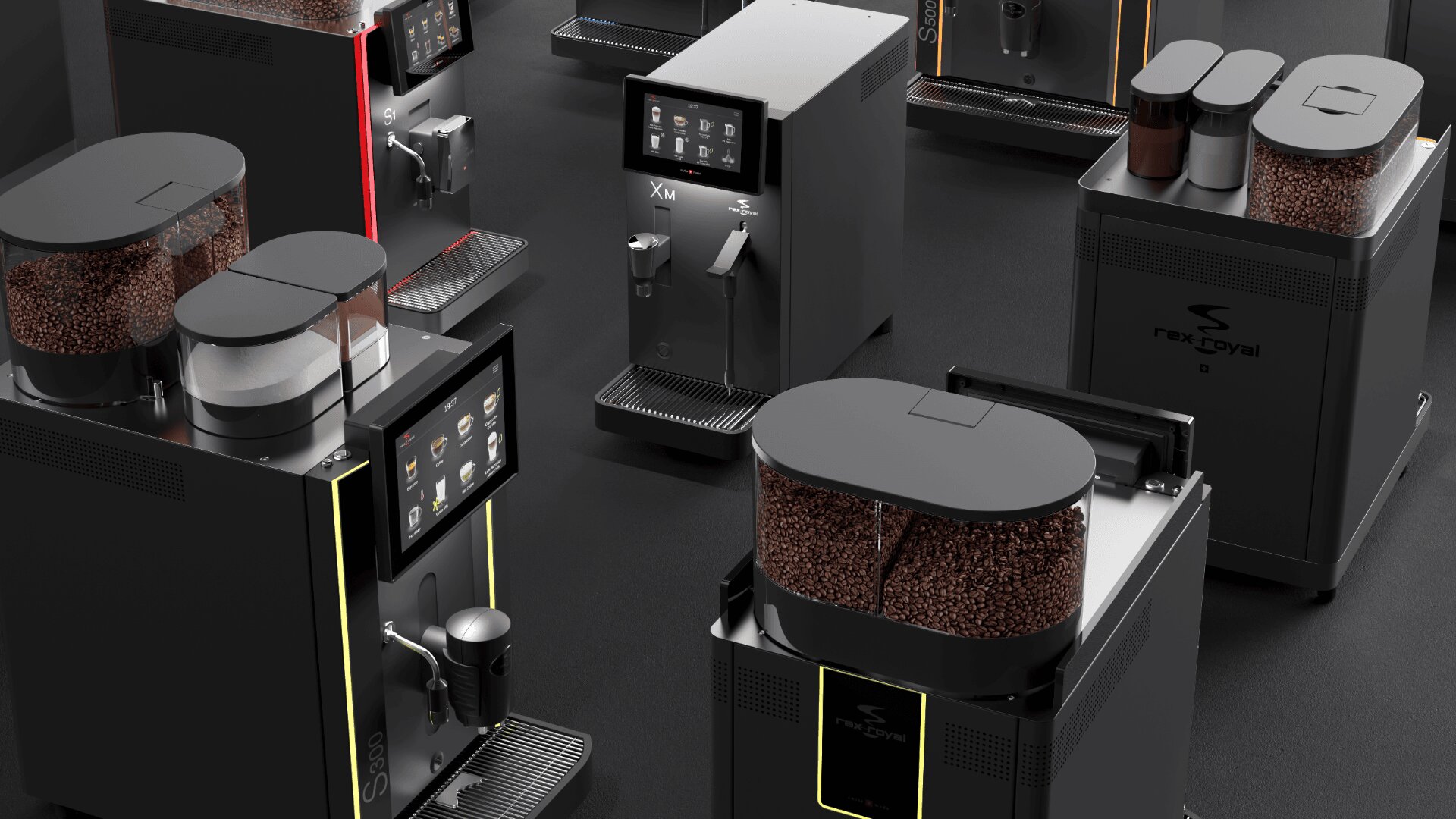 Mehrere moderne Kaffeevollautomaten mit digitalen Touchscreens und sichtbaren Kaffeebohnenbehältern sind auf einer dunklen Fläche in einem showroomähnlichen Ambiente ausgestellt.