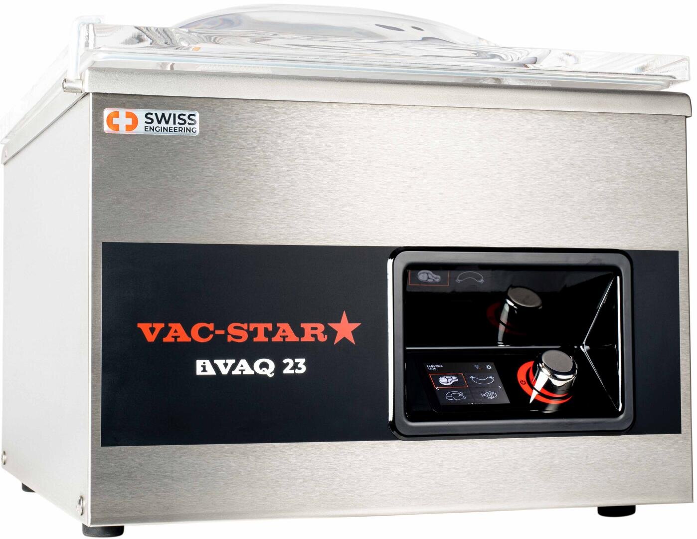 Eine Vakuumiermaschine Vac-Star iVAQ 23 aus Edelstahl mit transparentem Deckel und digitalem Bedienfeld, konzipiert für die professionelle Lebensmittelverpackung und das Sous-Vide-Garen.