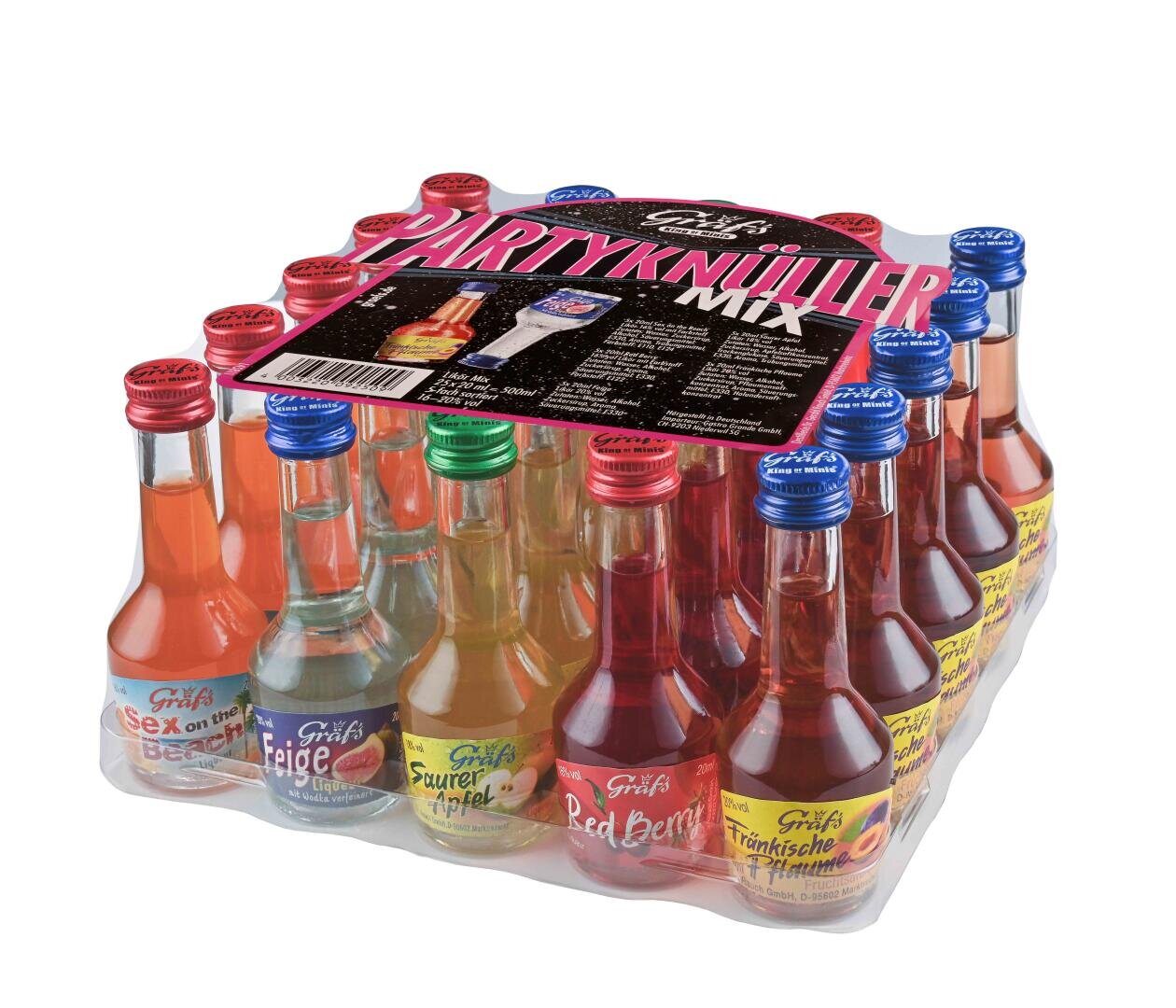 Eine 24er-Packung sortierter Mini-Flaschen mit Party-Likören in verschiedenen Geschmacksrichtungen, beschriftet mit "Partykünstler Mix". Die bunten Flaschen haben verschiedenfarbige Deckel und Etiketten und sind in durchsichtigem Plastik verpackt.