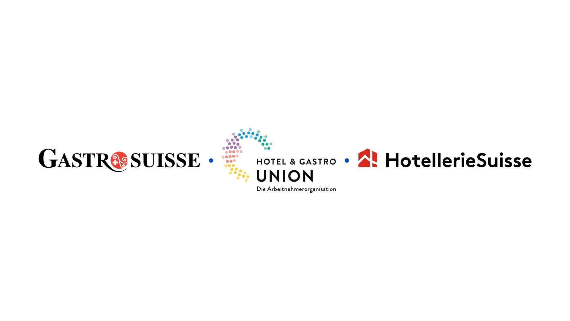 Logos von drei Schweizer Gastgewerbeorganisationen: GastroSuisse, Hotel & Gastro Union und HotellerieSuisse, nebeneinander auf weissem Hintergrund.