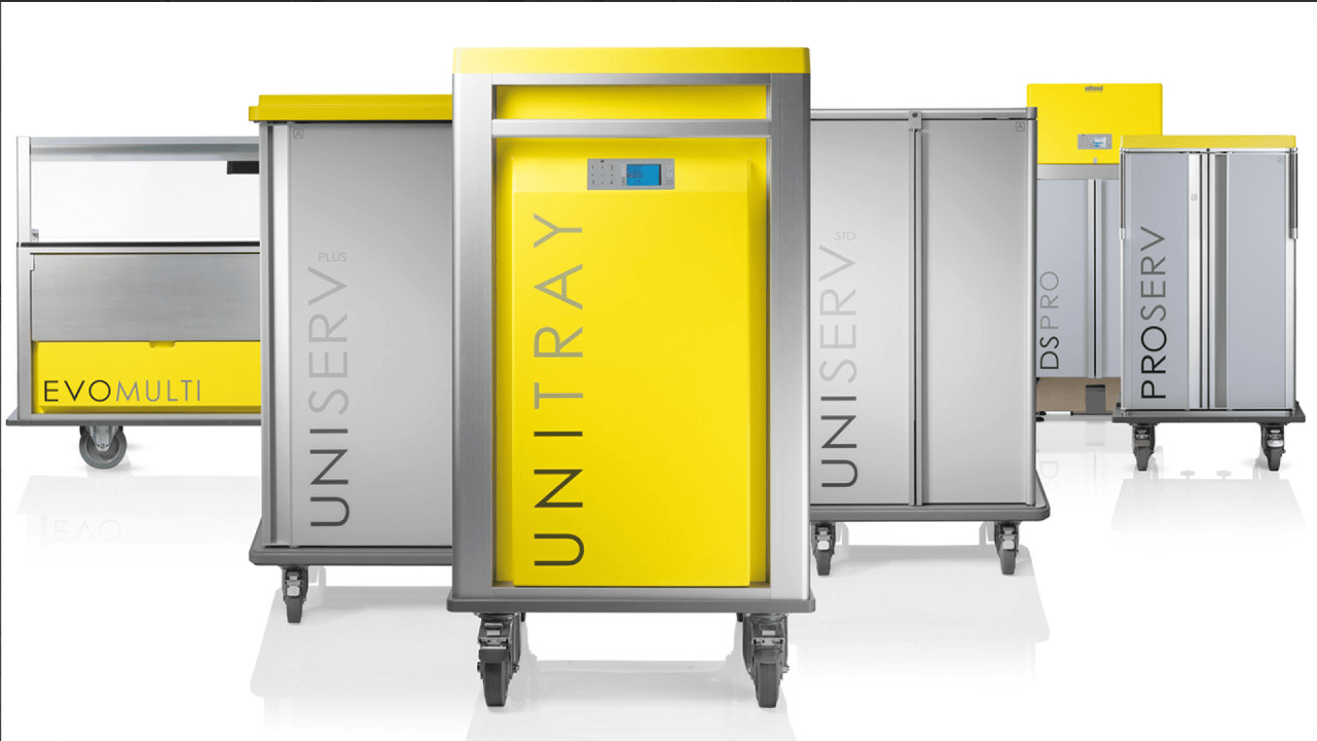 Eine Reihe von fünf Edelstahlwagen mit leuchtend gelben Akzenten, die jeweils mit Namen wie UNISERV, UNITRAY, PROSERV und EVOMULTI beschriftet sind und für den professionellen oder industriellen Einsatz gedacht sind, auf weißem Hintergrund.