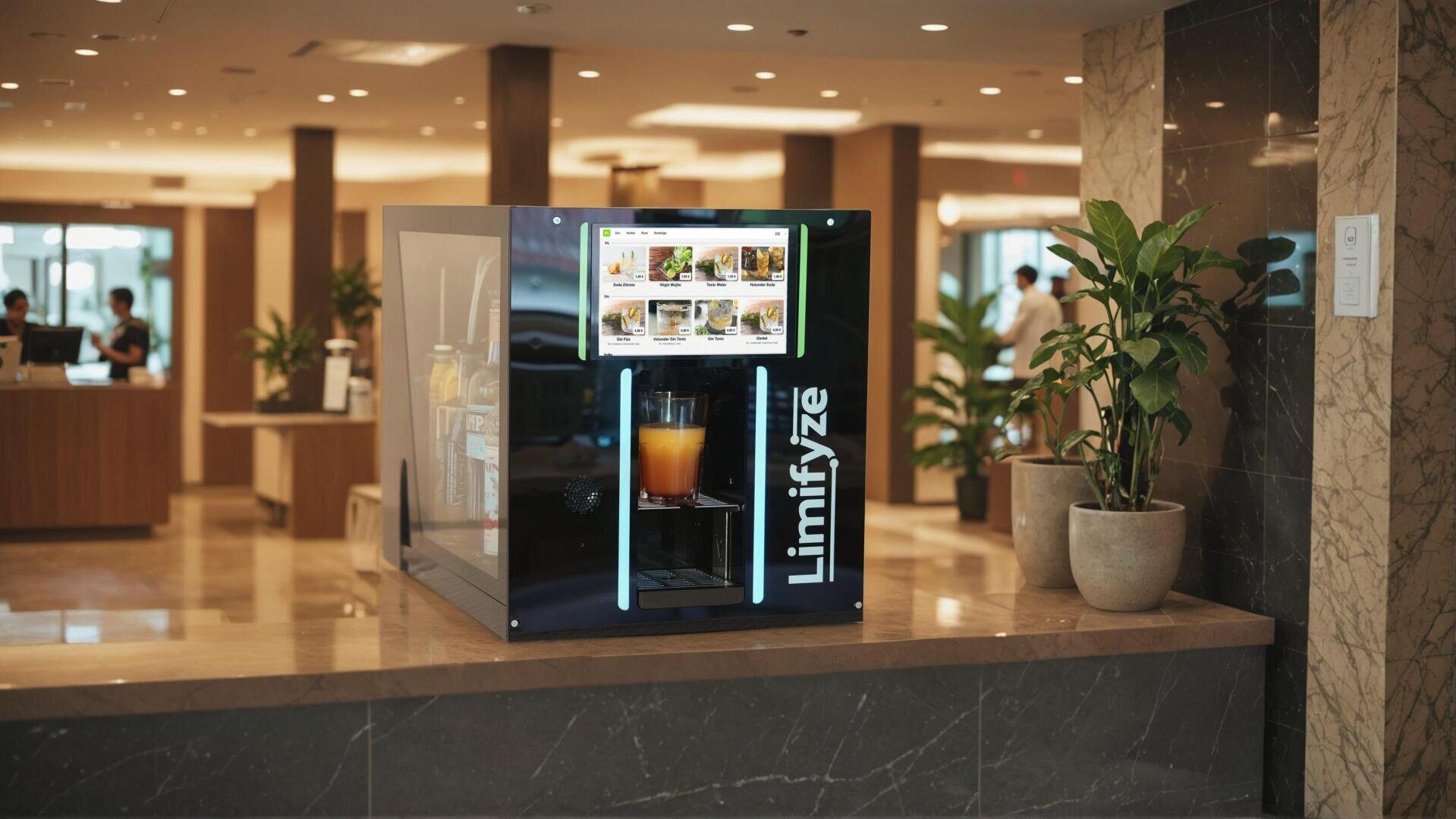 Ein eleganter Limifyze-Getränkeautomat steht auf einem Marmortresen in einer modernen, gut beleuchteten Lobby mit Pflanzen und Menschen im Hintergrund. Der Automat zeigt einen Bildschirm mit Getränkeoptionen an und gibt ein orangefarbenes Getränk aus.