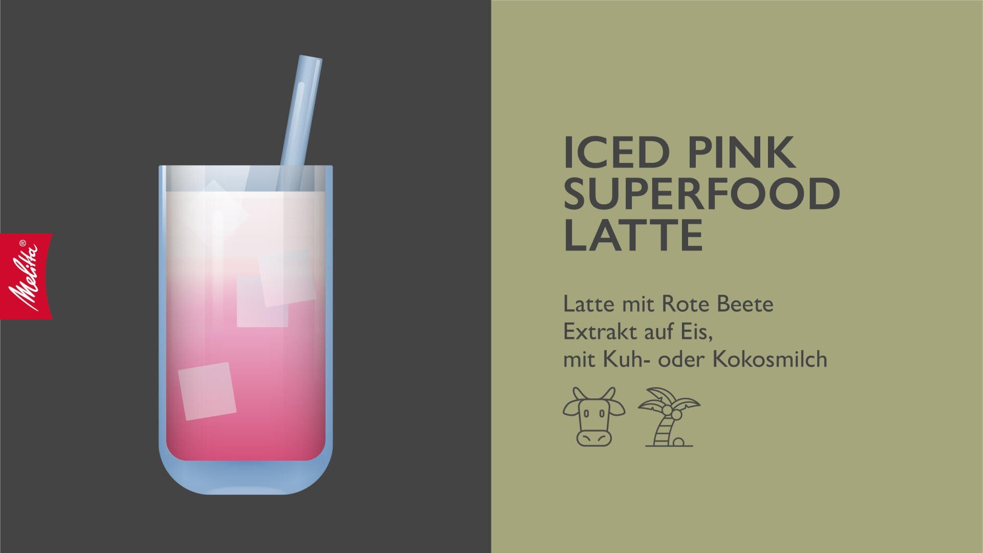 Un verre de café au lait rose glacé avec une paille et des glaçons. À côté, le texte "Iced Pink Superfood Latte" est accompagné d'une description en allemand et de petits symboles représentant une vache et une noix de coco. Le logo Melitta se trouve sur le côté gauche.