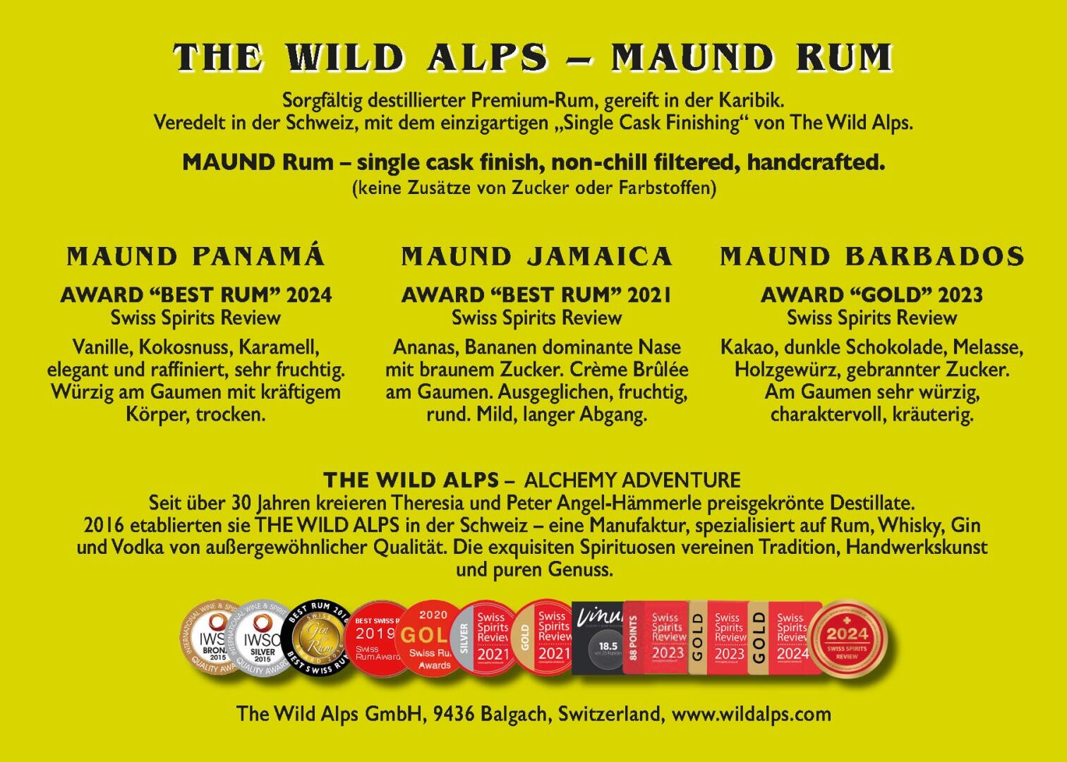 Une feuille d'information jaune pour The Wild Alps - Maund Rum avec des descriptions de leurs rhums de Panama, de Jamaïque et de la Barbade, les prix remportés et une série de médailles au bas de la feuille. Les coordonnées et le site web sont également indiqués au bas de la feuille.