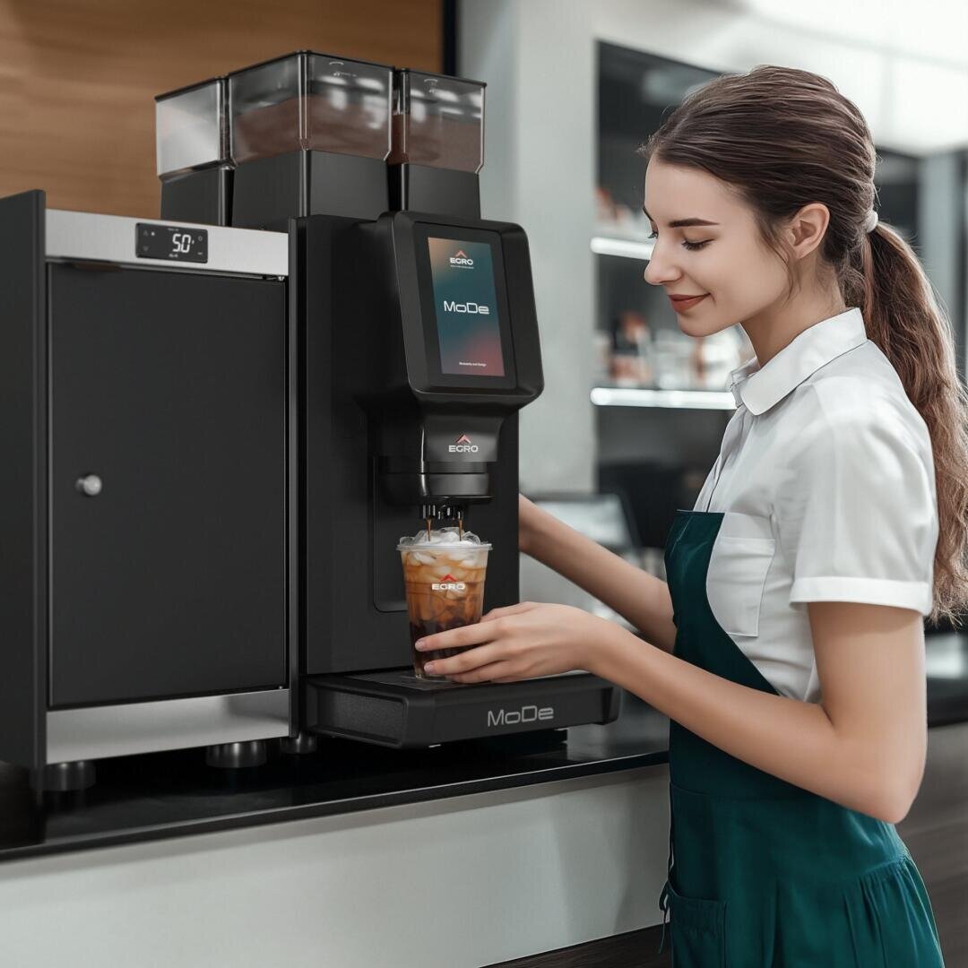 Une femme en tablier vert se tient devant une machine à café moderne et prépare une boisson au café glacé dans un gobelet transparent sur un comptoir de café.