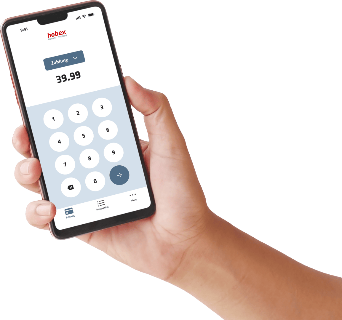 Eine Hand hält ein Smartphone, auf dem eine Bezahl-App mit einem Tastenfeld und dem Betrag 39,99 angezeigt wird. Die App zeigt das Wort Zahlung und das hobex-Logo am oberen Rand.