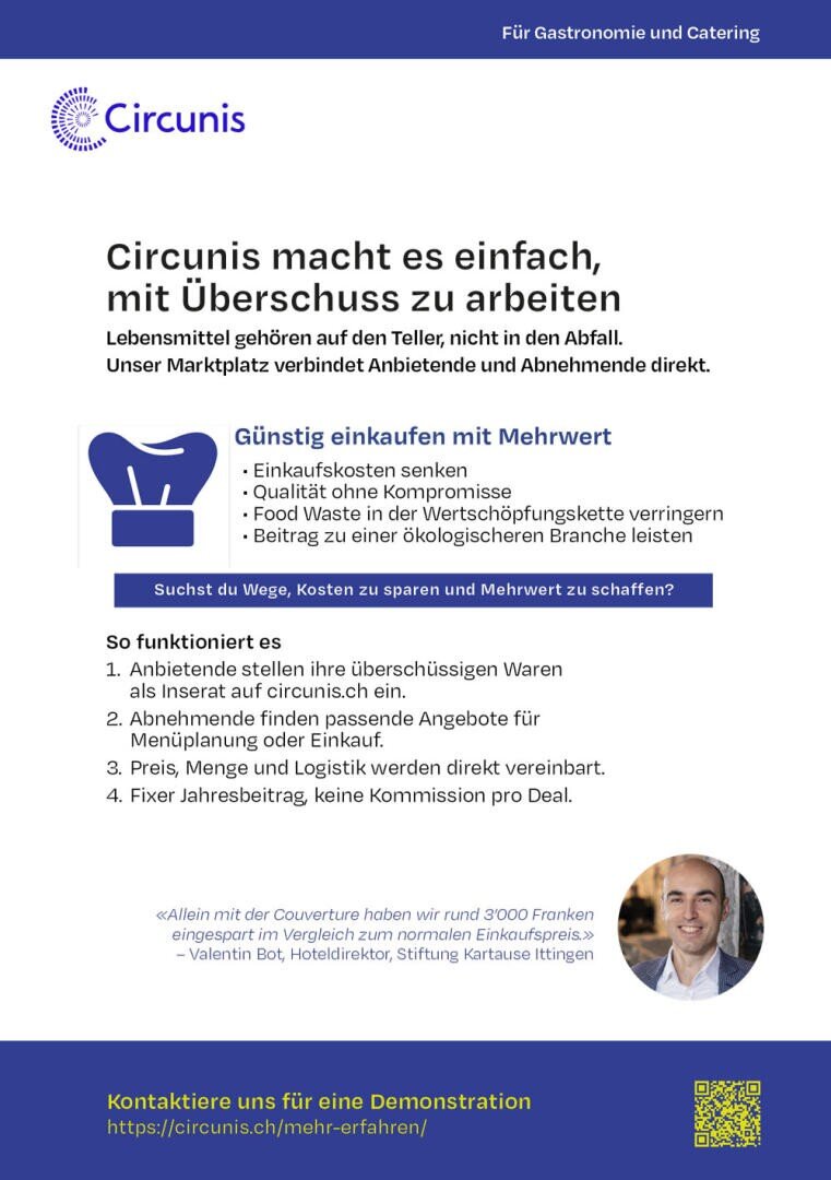 Ein deutschsprachiger Flyer mit dem Titel Circunis macht es einfach, mit Überschuss zu arbeiten, beschreibt einen Marktplatz für überschüssige Waren in Gastronomie und Catering, mit Vorteilen, Schritten, Kontaktinformationen und einem Erfahrungsbericht.