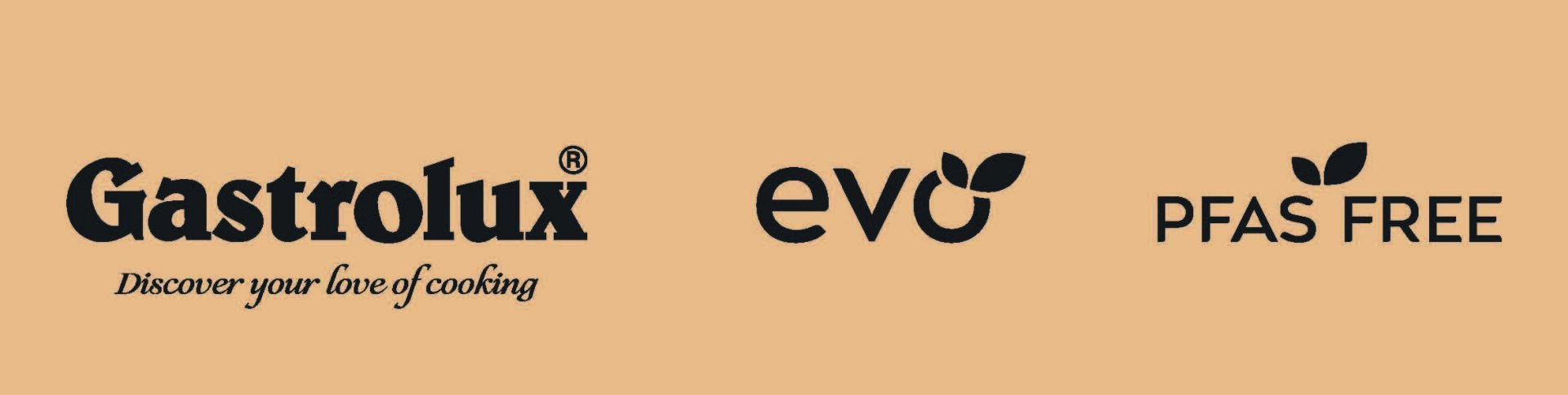 Logos pour Gastrolux avec le slogan Découvrez votre amour de la cuisine, evo, et PFAS FREE, le tout en noir sur fond marron clair, avec de petits motifs de feuilles sur les logos evo et PFAS FREE.