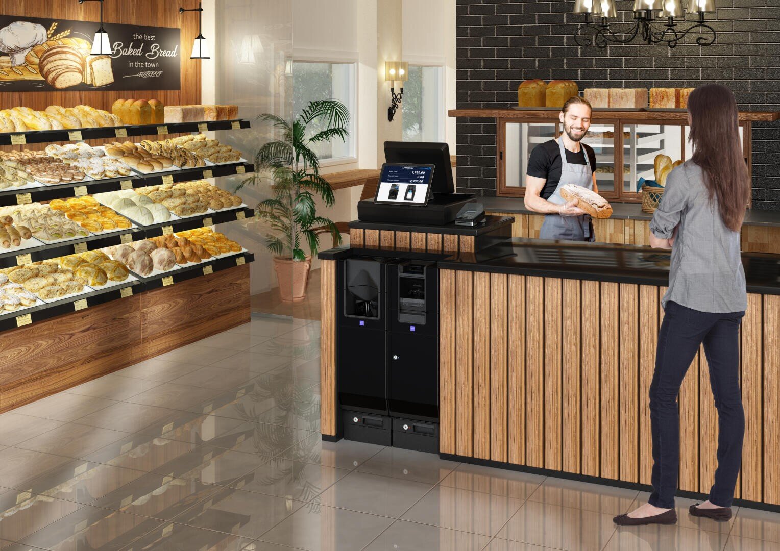 Eine Frau steht an einer hölzernen Theke in einer Bäckerei und hält einen Laib Brot in der Hand, während eine lächelnde Angestellte ihr hilft. Im Hintergrund sind Regale mit Brot und Gebäck zu sehen, und an der Wand hängt ein Schild "Baked Bread".