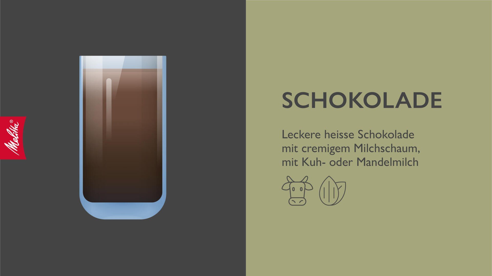 Sur la page de gauche, on peut voir un verre de chocolat chaud avec du lait mousseux. Sur la page de droite, un texte en allemand décrit qu'il s'agit d'un chocolat chaud crémeux avec du lait de vache ou d'amande, accompagné des symboles d'une vache et d'une amande.