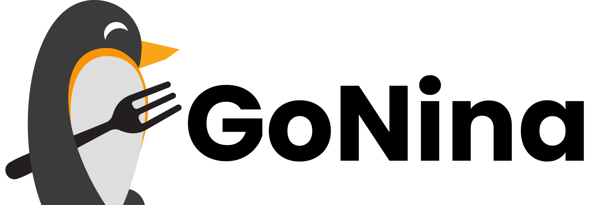Ein stilisierter Pinguin hält eine Gabel neben dem fetten, schwarzen Text GoNina auf hellem Hintergrund. Der Pinguin weist orange und graue Akzente auf.