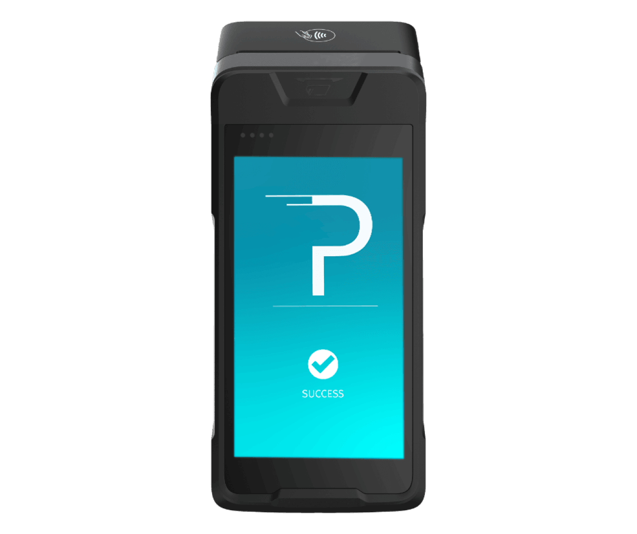 Ein schwarzes Touchscreen-Zahlungsterminal zeigt ein großes P-Symbol und die Meldung SUCCESS mit einem Häkchen auf blauem Hintergrund an.