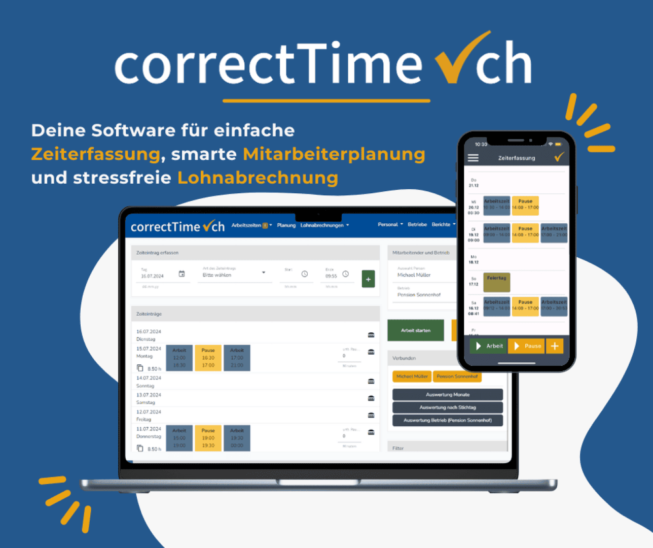 Ein Laptop und ein Smartphone zeigen die Softwareoberfläche von correctTime.ch an. Der Text hebt Funktionen wie Zeiterfassung, Personalplanung und Lohnabrechnung auf blauem und weissem Hintergrund hervor.