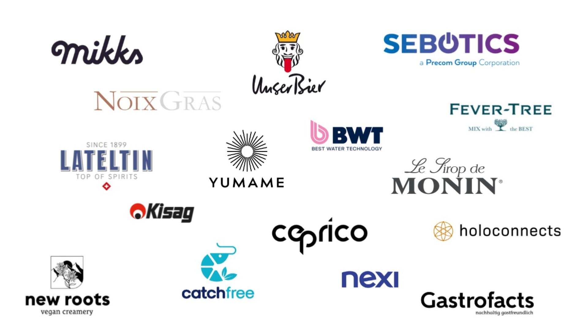 Eine Sammlung von 18 Unternehmenslogos, darunter Namen wie mikks, UnserBier, SEBOTICS, NOIX GRAS, FEVER-TREE, LATELTIN, YUMAME, BWT, Le Sirop de MONIN, holoconnects, new roots, Kisag, catchfree, Coprico, nexi, und Gastrofacts.