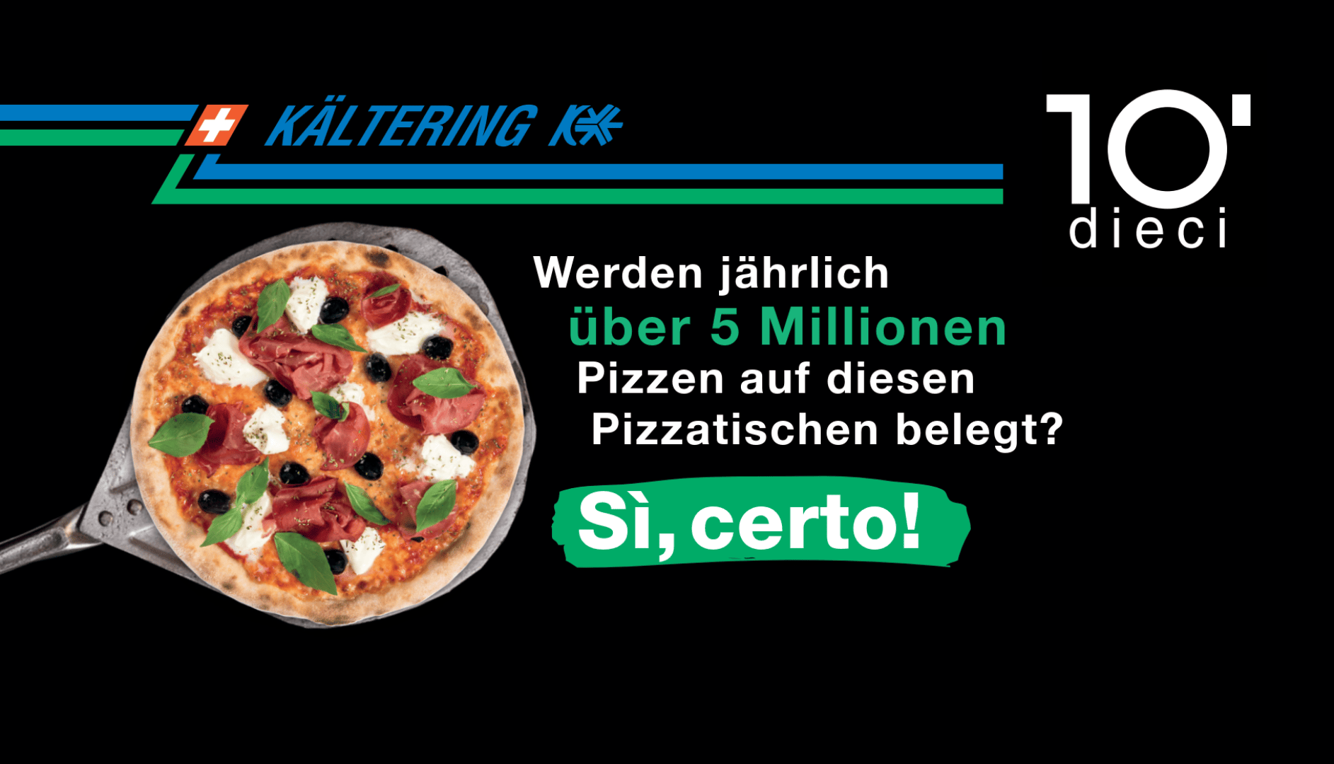 Eine Pizza auf einer Metallschüssel mit Belägen wie Basilikum, Oliven und Prosciutto. Der deutsche Text erwähnt, dass jährlich über 5 Millionen Pizzen hergestellt werden, und enthält den Satz Si, certo! Die Logos Kältering und 10 dieci sind ebenfalls vorhanden.