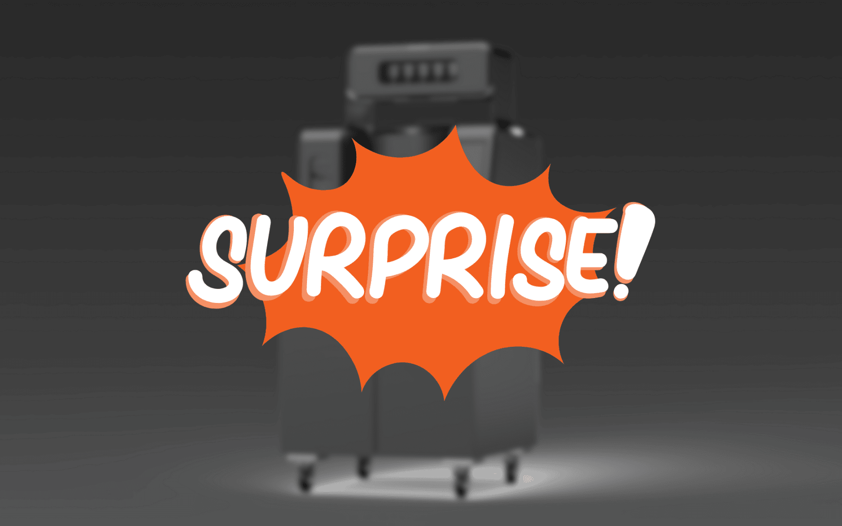 Ein orangefarbener Starburst mit dem Wort "SURPRISE!" in fetten weißen Buchstaben bedeckt eine verschwommene Industriemaschine auf dunklem Hintergrund.