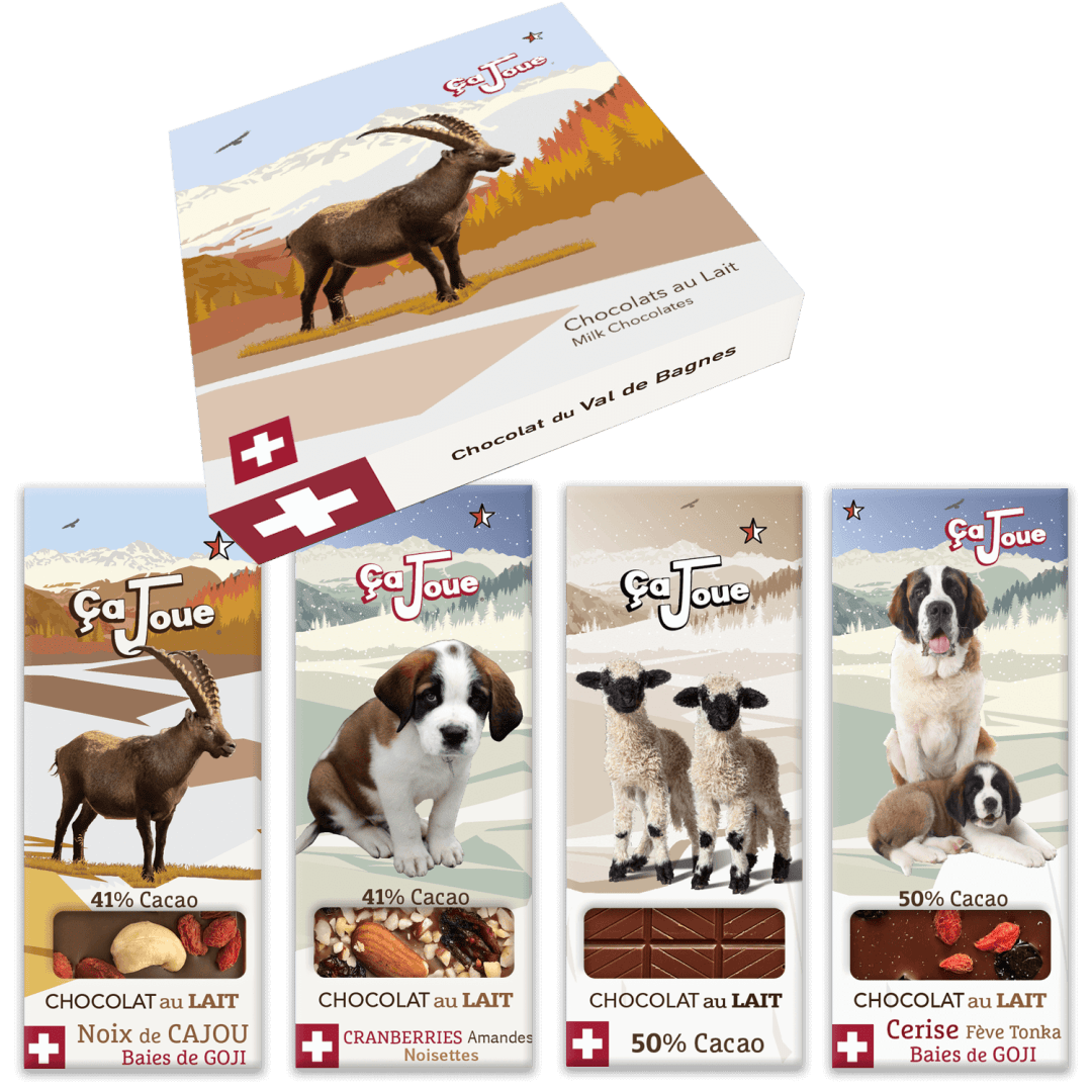 Quatre tablettes de chocolat suisse illustrées avec des animaux mascottes (bouquetin, chiot, saint-bernard et bouquetin) et une boîte cadeau assortie. Chaque tablette indique le pourcentage de cacao et contient des ingrédients uniques comme des noix de cajou, des canneberges ou des baies de goji.