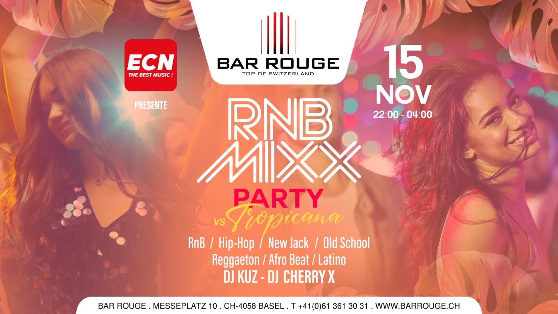 Bunter Partyflyer für die RNB MIXX Party vs Tropicana in der Bar Rouge, Basel, am 15. November, 22-16 Uhr. Mit lächelnden, tanzenden Frauen, Veranstaltungsdetails, Musikgenres, DJs und Kontaktinformationen.