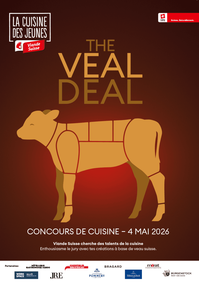 Affiche pour un concours de cuisine sur le thème du veau. Elle présente un diagramme stylisé de veau, le titre de l'événement The Veal Deal et les détails d'un concours de cuisine qui aura lieu le 4 mai 2026, organisé par Viande Suisse, avec plusieurs logos de sponsors au bas de l'affiche.